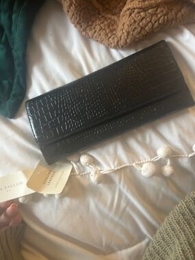 Ann Taylor Black Croc-Embossed Leather Wallet Clutch